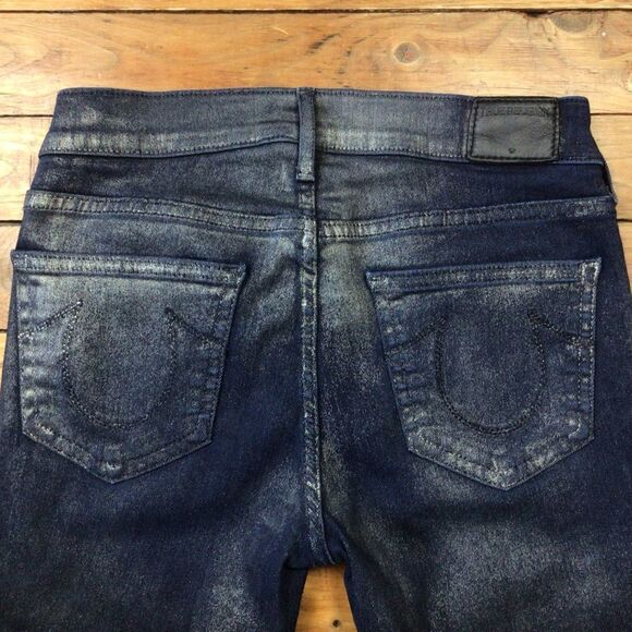 TRUE Religion Halle jeans mid rise super skinny metallic gold powder coated 26 - Picture 6 of 14
